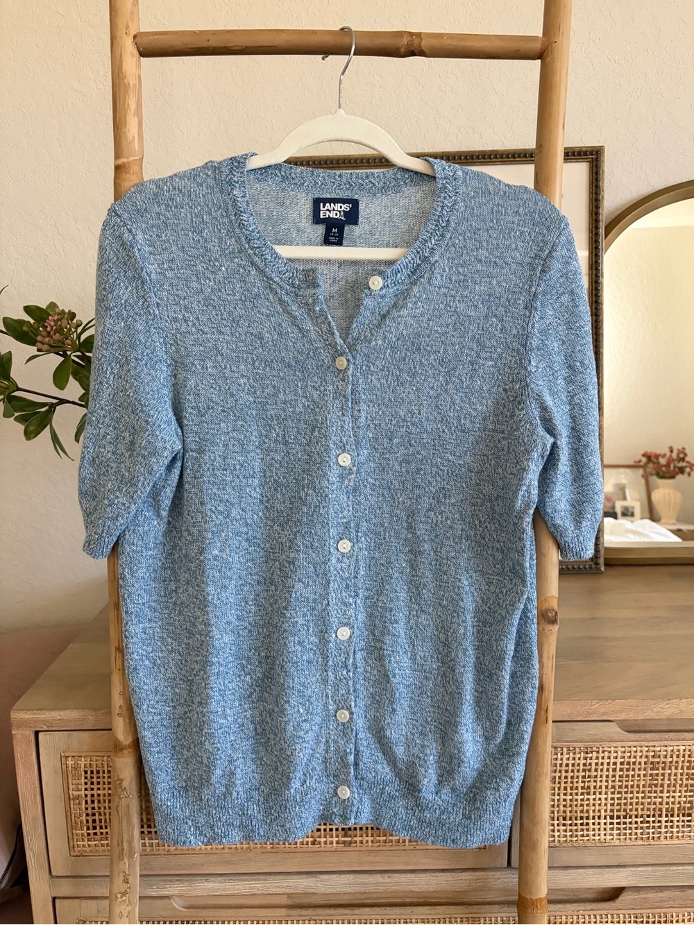 Lands' End Heathered Sky Blue Short Sleeve Button Cardigan